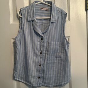 Blue and white stripped button up sleeveless top
